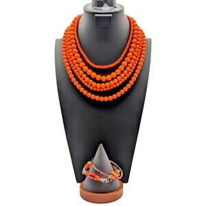 Five Strand Orange Acrylic Beaded Necklace and Three Stretch Bracelet Mixed Lot